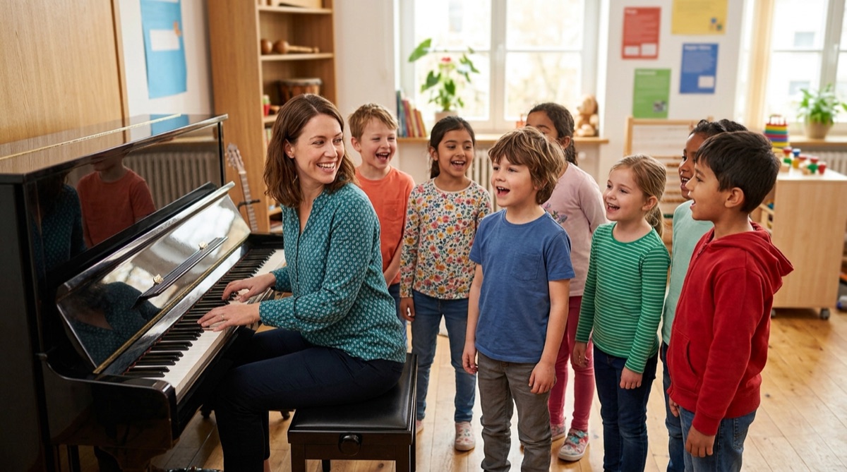 Deca pevaju oko klavira dok nastavnica muzičkog svira